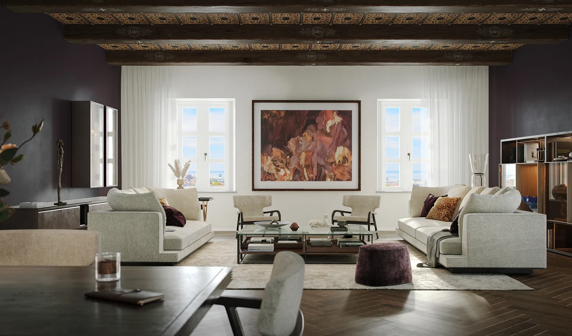 Interni del Palazzo Vescovile con ampio soggiorno, travi storiche in legno decorate, divani eleganti e opere d’arte contemporanee