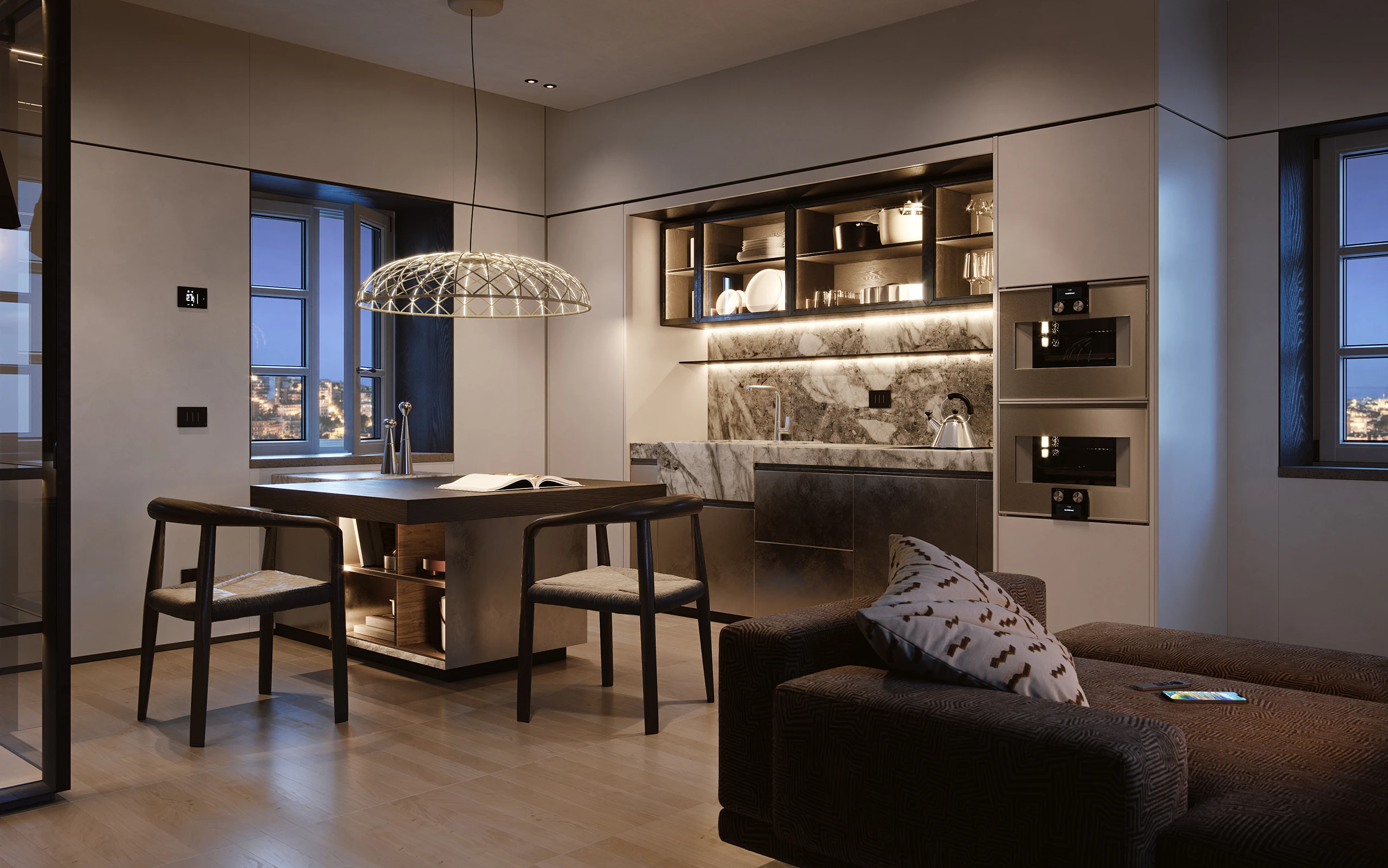 Interno del Palazzo Vescovile con spazio abitativo contemporaneo, materiali raffinati e design essenziale