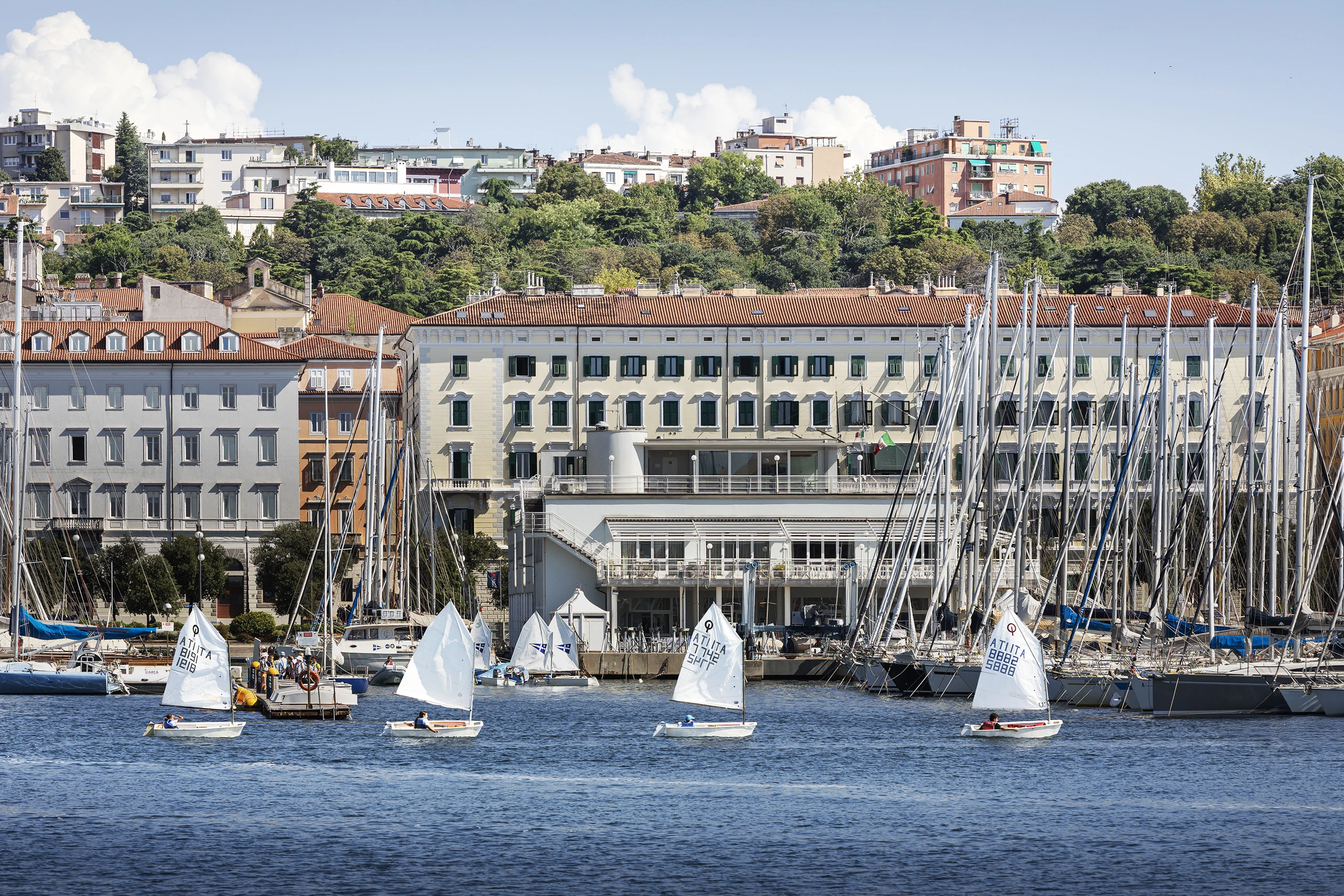 Società Triestina della Vela a Trieste vista dall’ex Faro La Lanterna, con barche a vela nel porto, il mare e gli edifici storici sullo sfondo